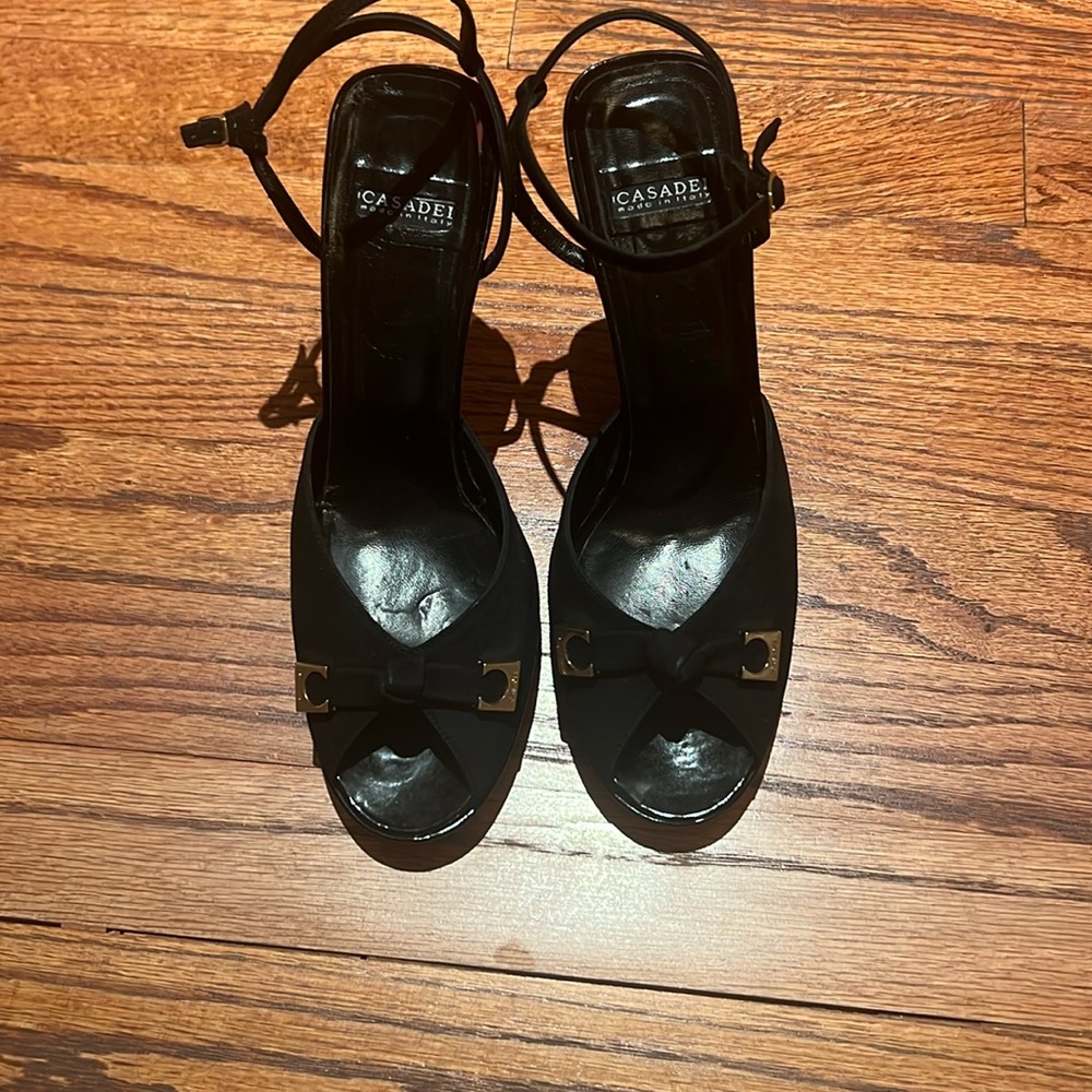 Casadei black patten leather and suede sandles